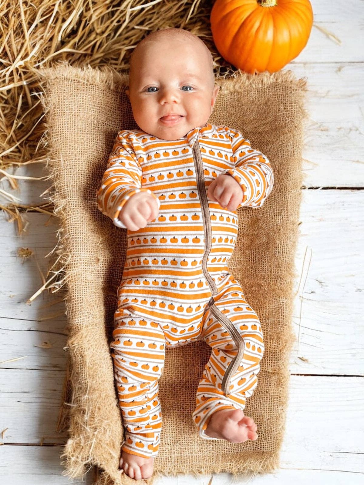 Pumpkin Stripe / Organic 2 - Way Zip Romper - Tiny Tots Boutique