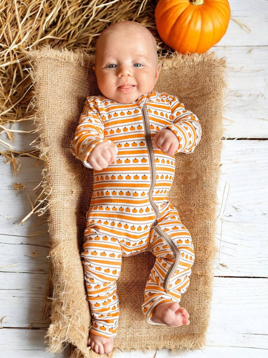 Pumpkin Stripe / Organic 2 - Way Zip Romper - Tiny Tots Boutique