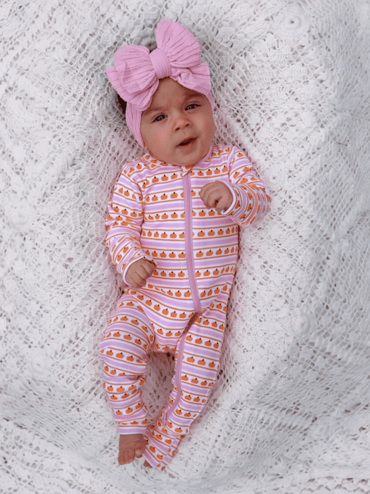 Pumpkin Stripe Pink / Organic 2 - Way Zip Romper - Tiny Tots Boutique