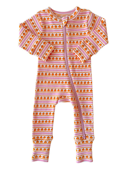 Pumpkin Stripe Pink / Organic 2 - Way Zip Romper - Tiny Tots Boutique