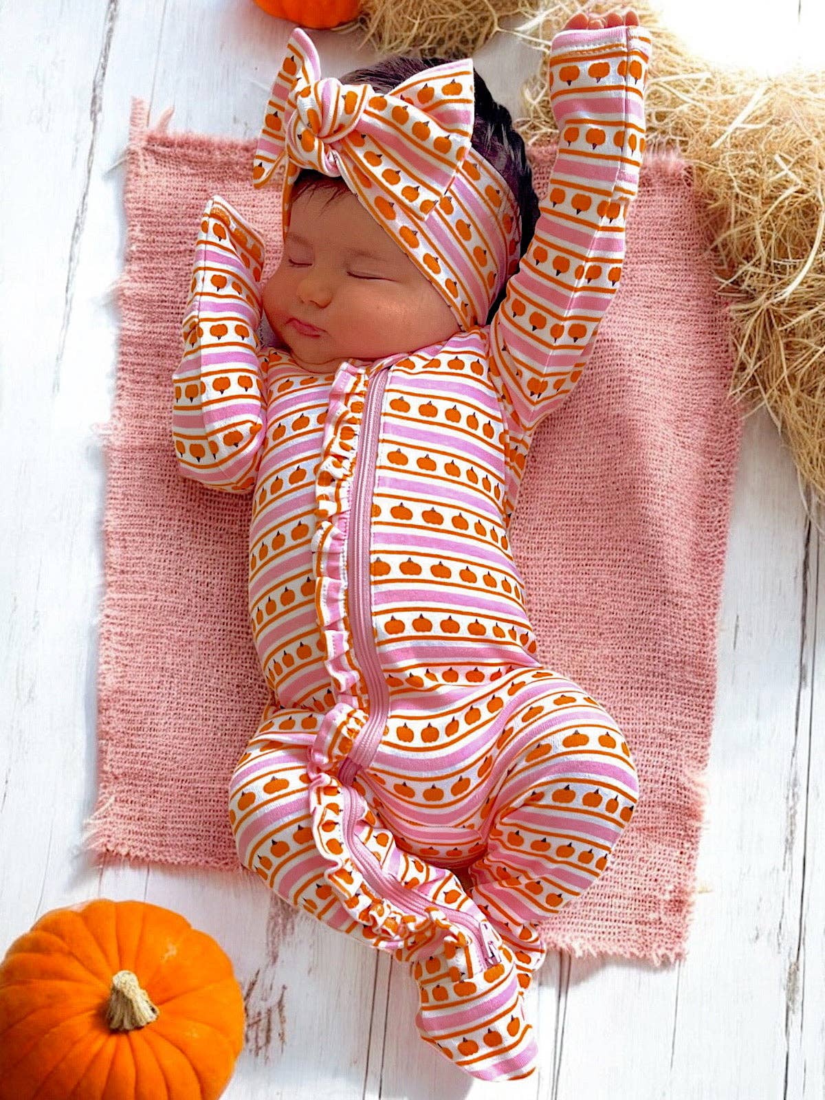 Pumpkin Stripe Pink / Organic Frill Zip Footie - Tiny Tots Boutique