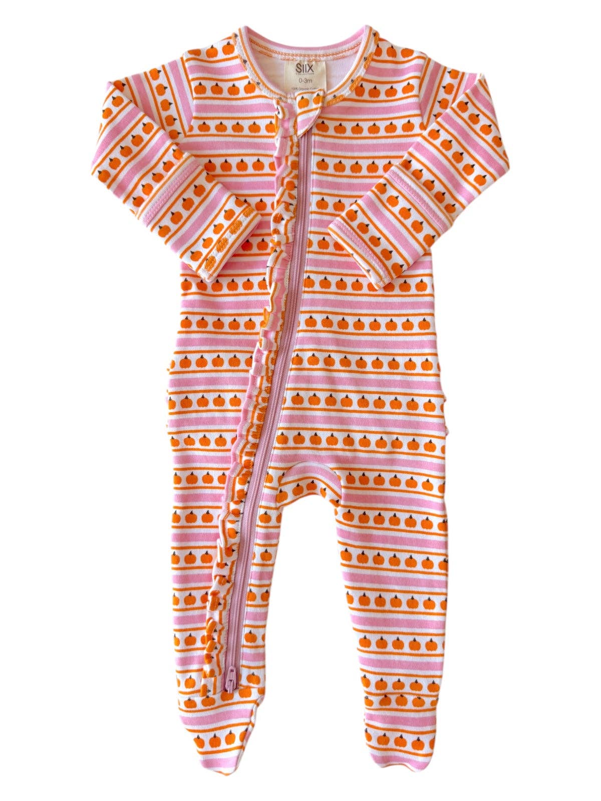 Pumpkin Stripe Pink / Organic Frill Zip Footie - Tiny Tots Boutique