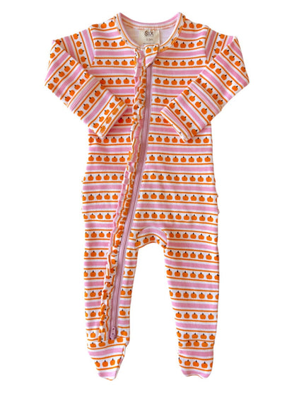 Pumpkin Stripe Pink / Organic Frill Zip Footie - Tiny Tots Boutique