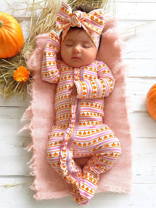 Pumpkin Stripe Pink / Organic Frill Zip Footie - Tiny Tots Boutique