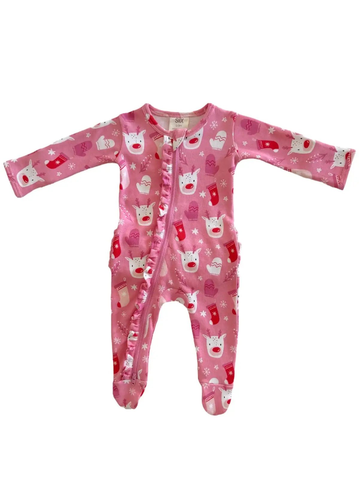 Reindeer Pink / Organic Frill Zip Footie - Tiny Tots Boutique