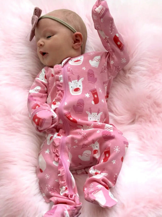 Reindeer Pink / Organic Frill Zip Footie - Tiny Tots Boutique