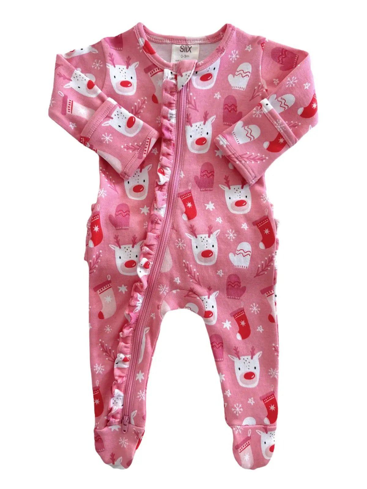 Reindeer Pink / Organic Frill Zip Footie - Tiny Tots Boutique