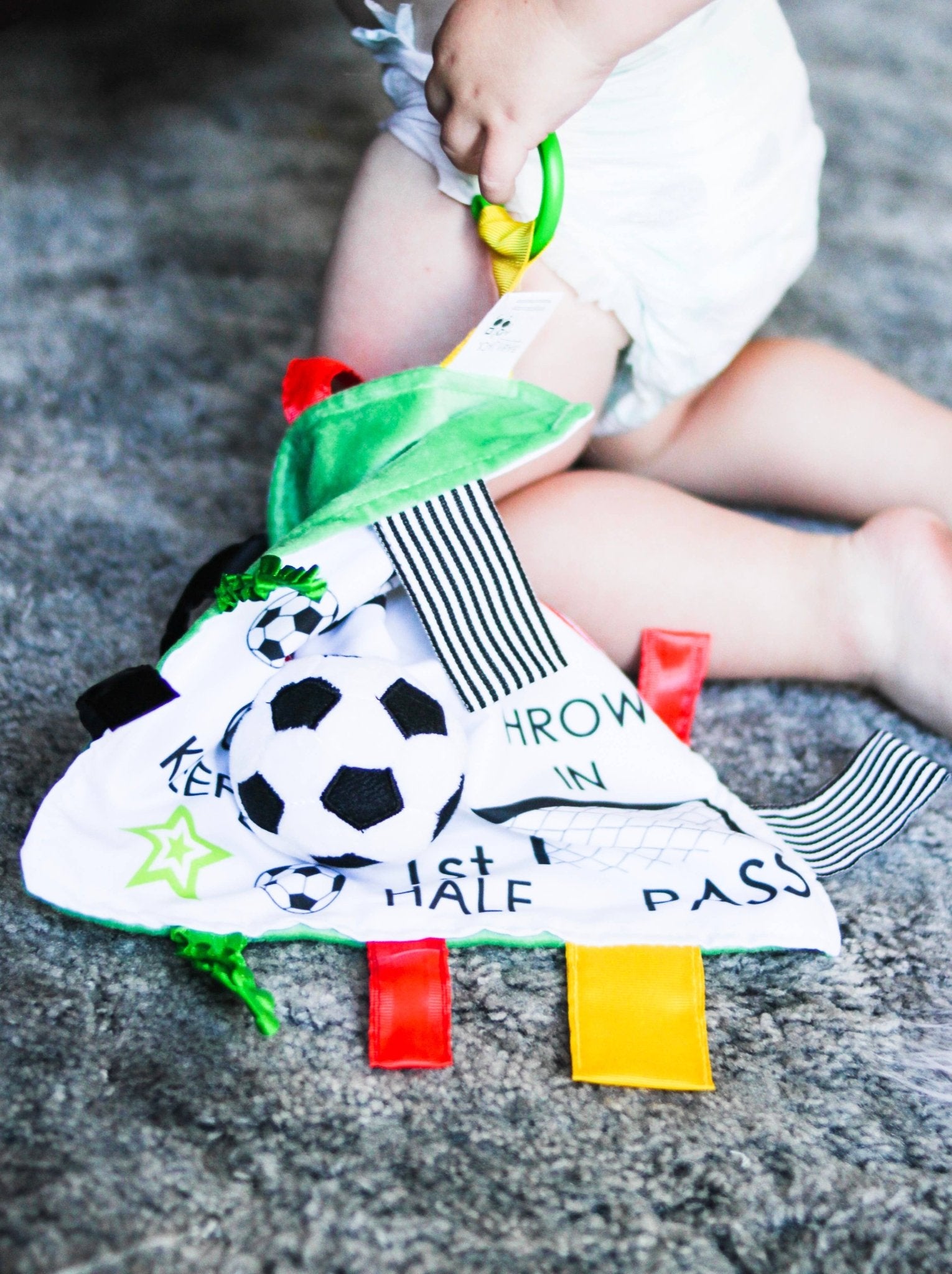Soccer Ball Baby Learning Lovey Tag Stroller Toy 10" x 10" - Tiny Tots Boutique
