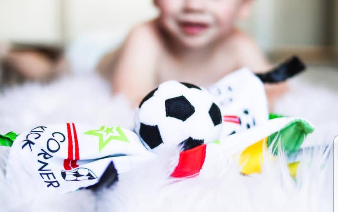 Soccer Ball Baby Learning Lovey Tag Stroller Toy 10" x 10" - Tiny Tots Boutique