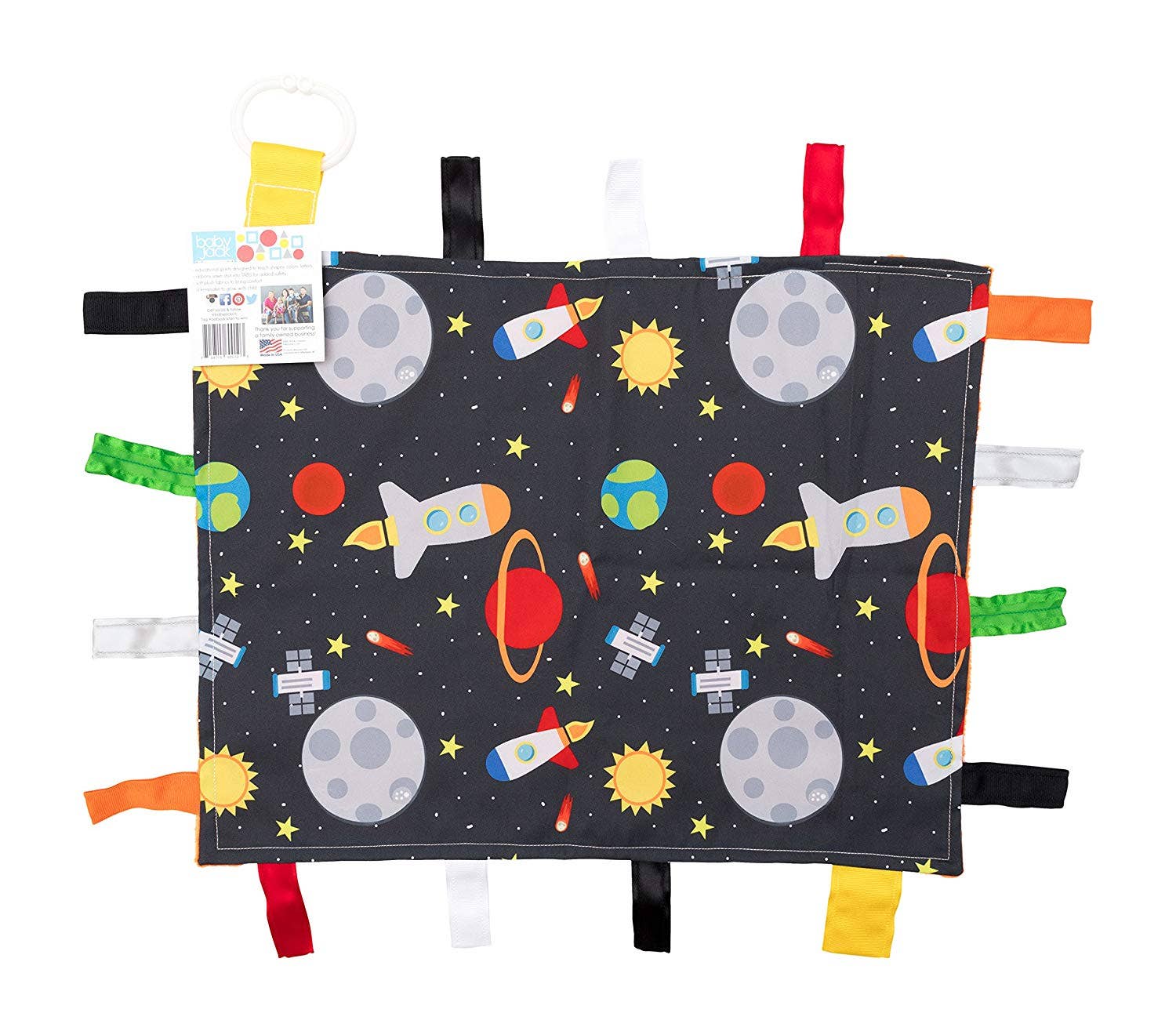 Space Stars Rockets Taggy Blanket Learning Lovey 14" x 18 - Tiny Tots Boutique