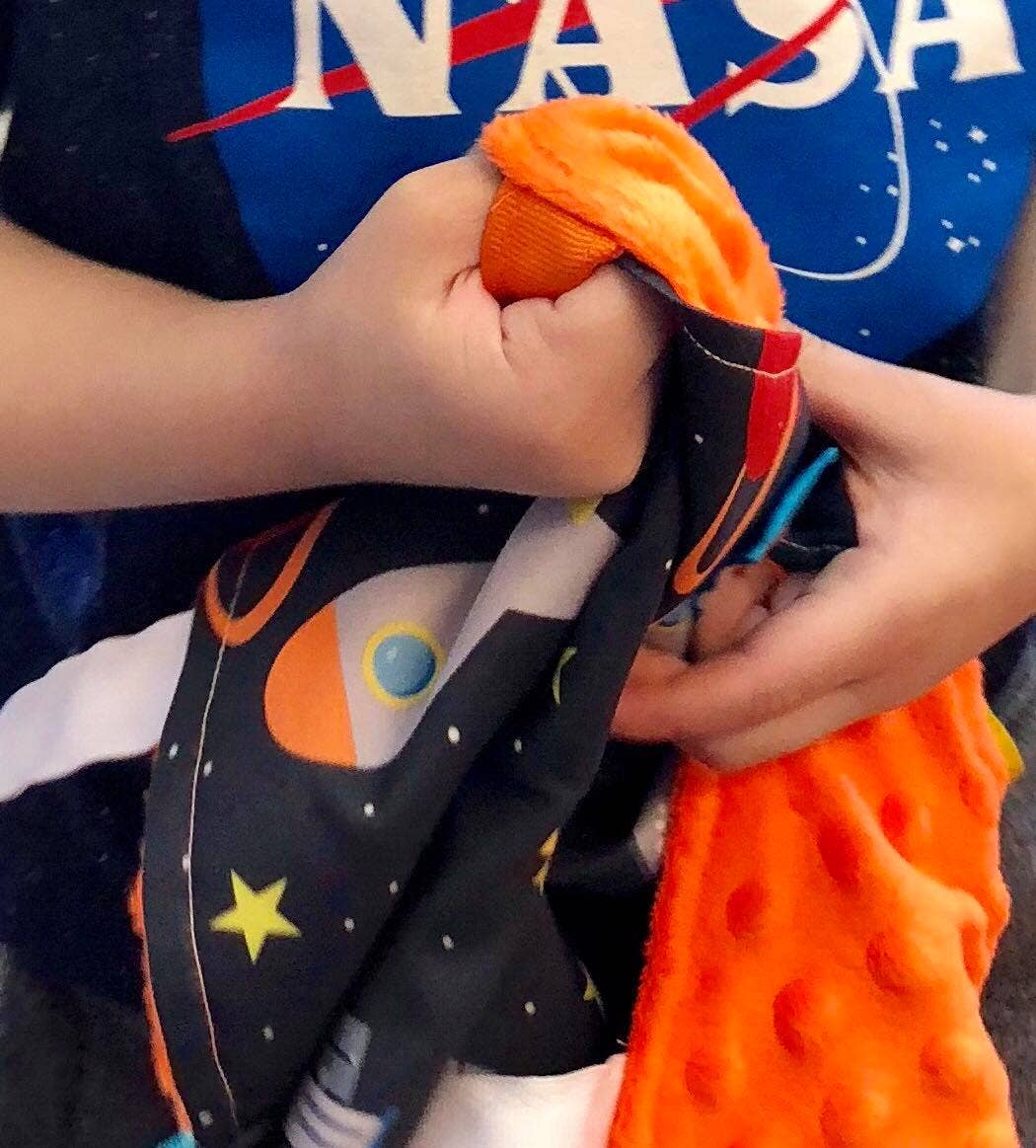 Space Stars Rockets Taggy Blanket Learning Lovey 14" x 18 - Tiny Tots Boutique