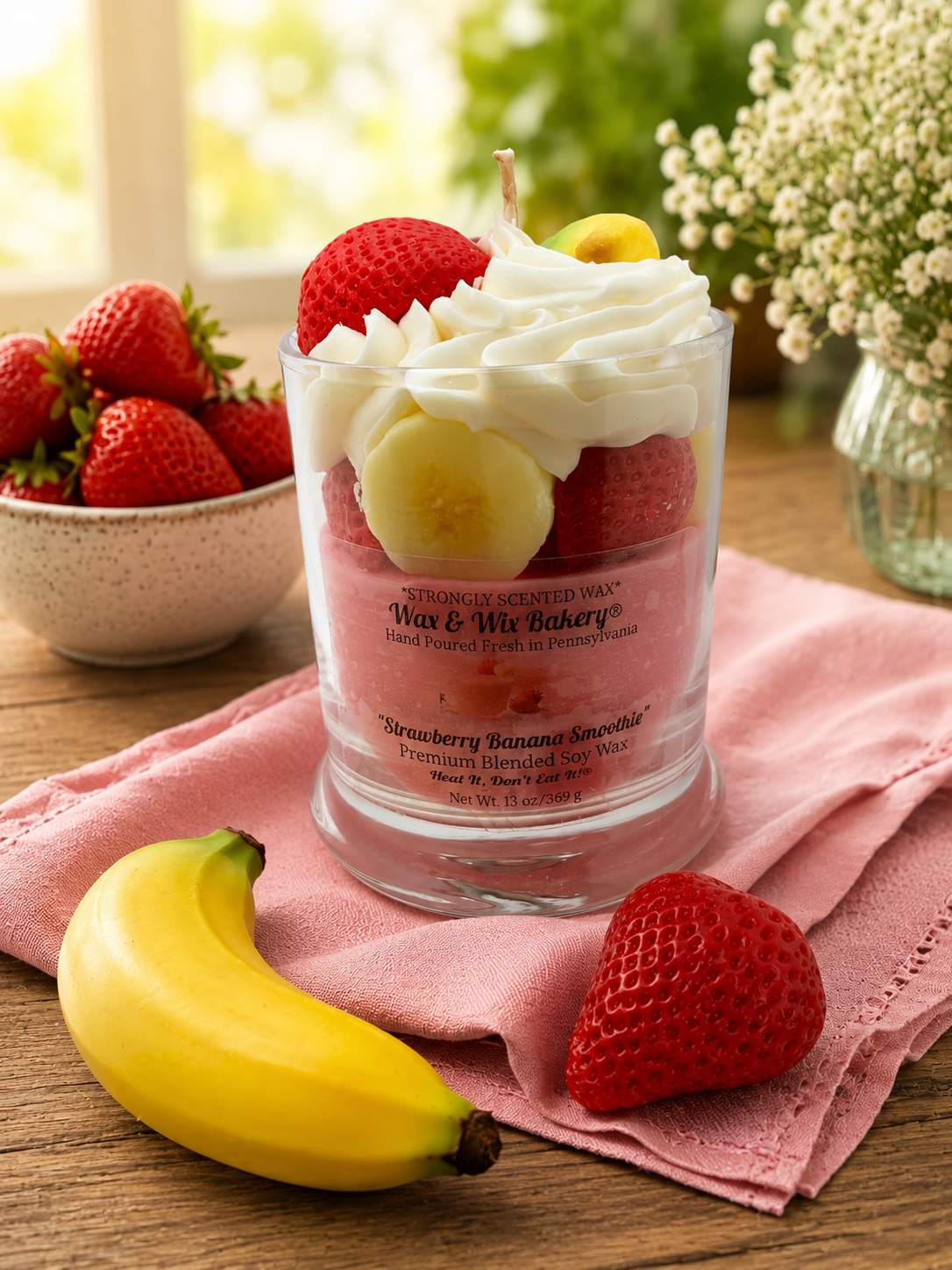 Strawberry Banana Smoothie Candle. 13 oz. Dessert Candle - Tiny Tots Boutique