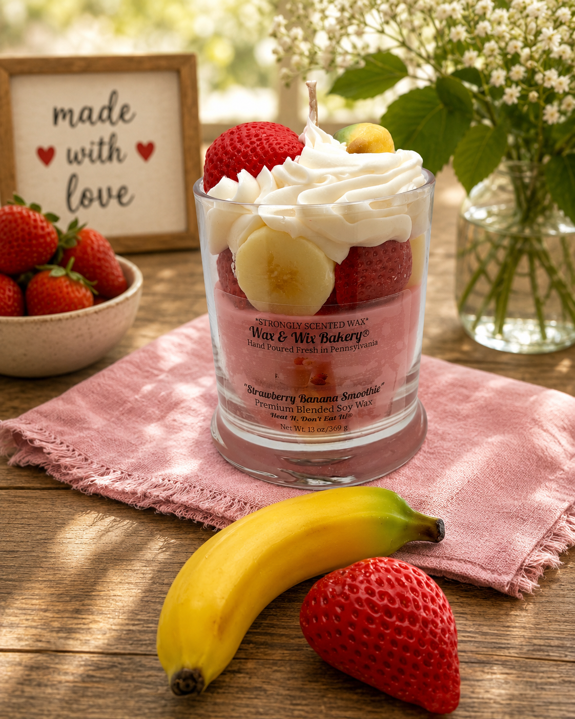 Strawberry Banana Smoothie Candle. 13 oz. Dessert Candle - Tiny Tots Boutique