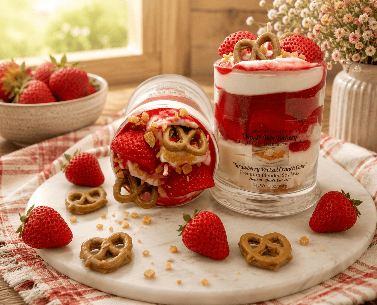 Strawberry Pretzel Crunch Cake Candle. 13 oz. Dessert Candle - Tiny Tots Boutique