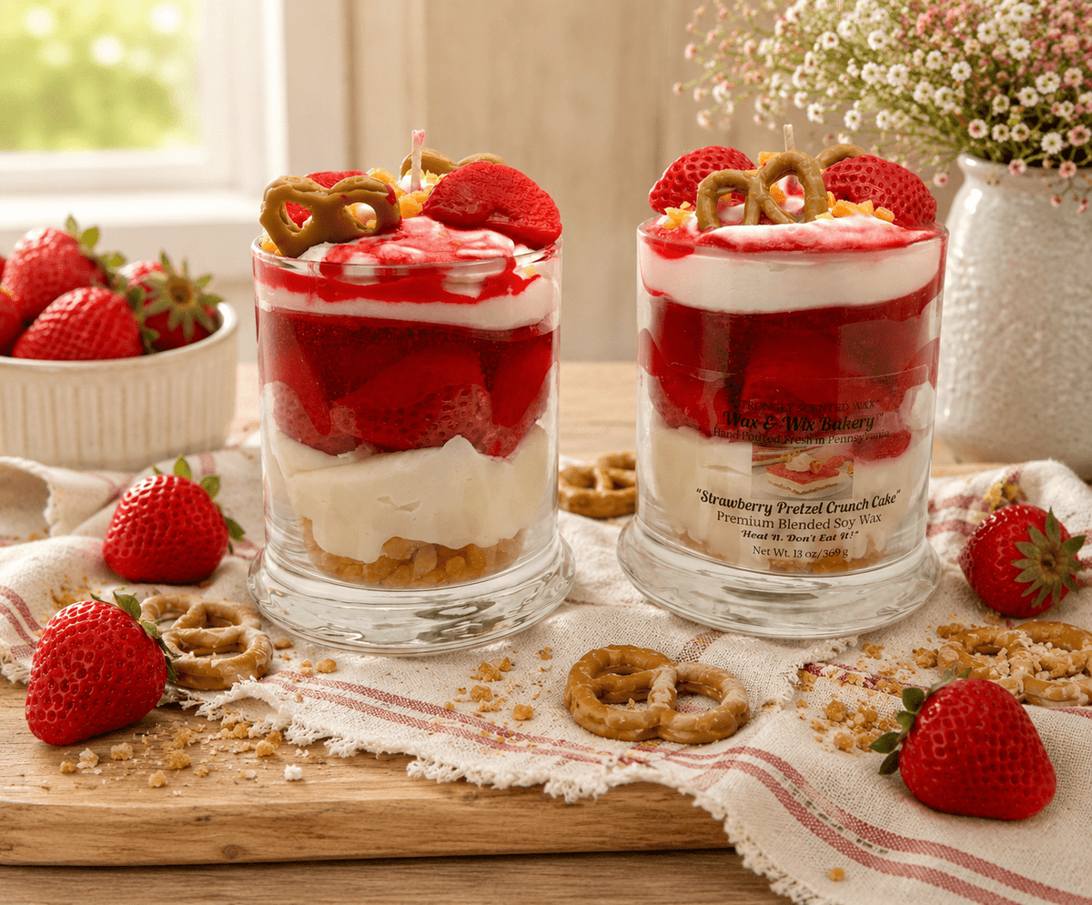 Strawberry Pretzel Crunch Cake Candle. 13 oz. Dessert Candle - Tiny Tots Boutique