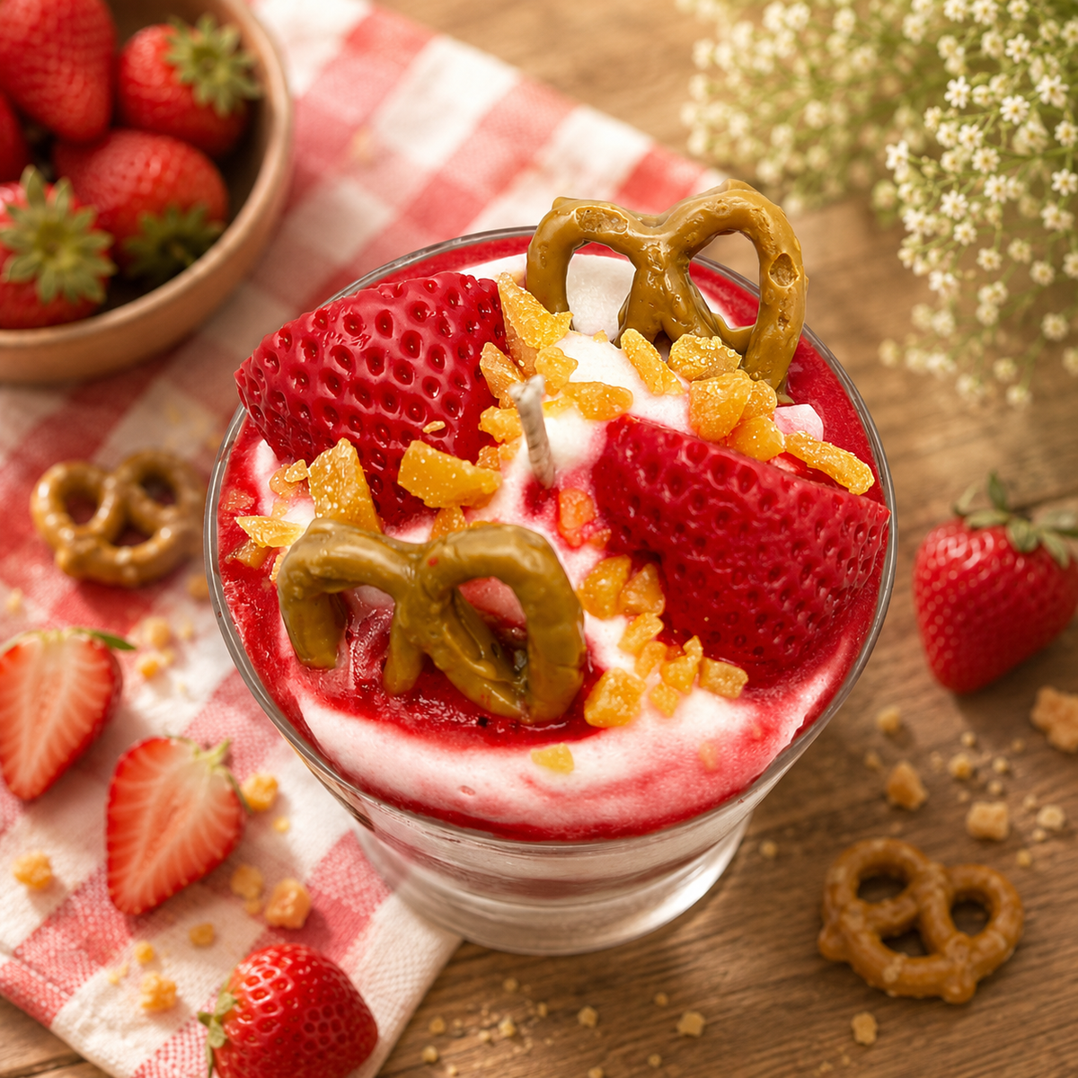 Strawberry Pretzel Crunch Cake Candle. 13 oz. Dessert Candle - Tiny Tots Boutique