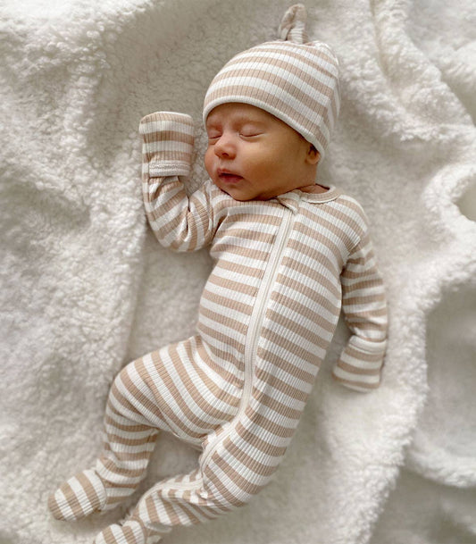 Tan Stripe / Organic Ribbed Zip Footie - Tiny Tots Boutique