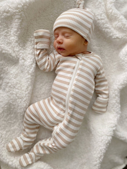 Tan Stripe / Organic Ribbed Zip Footie - Tiny Tots Boutique