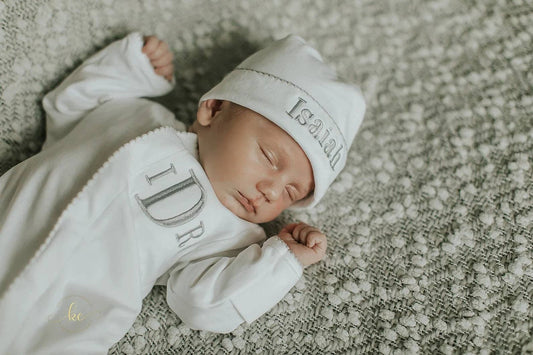 White w/Grey Picot Footie and Hat - Tiny Tots Boutique